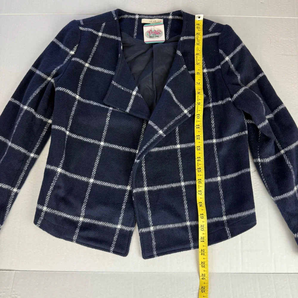 LE LIS Navy White Window Pane Plaid Open Front‎ Blazer Jacket Womens Small
